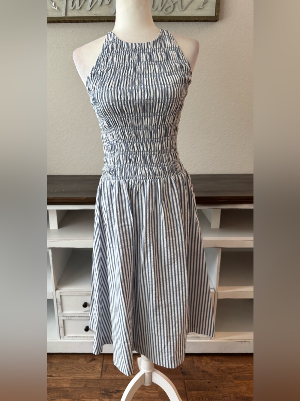 NWT Loft Striped Smocked Halter MIdi Dress Blue Size XS Petite